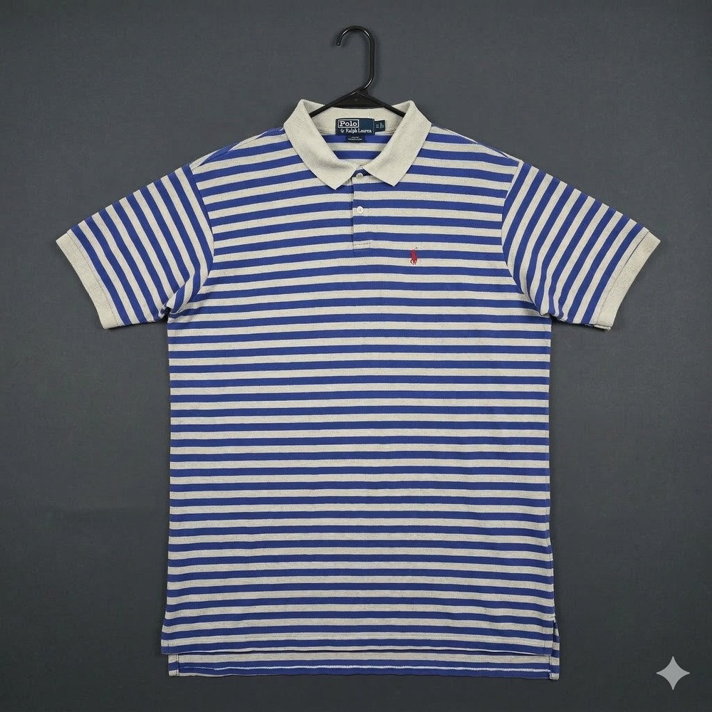 Vintage Polo Ralph Lauren Mens XXL Blue White Striped Polo Shirt Made in USA XXL